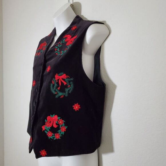 Karen Scott Vintage Women's Vest Top Small Black Velvet 90s Christmas Embroidery - Picture 6 of 8